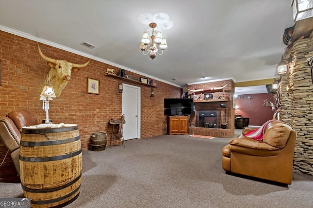 312 Sterling Rd, Jasper, GA 30143 - living area with carpet, crown molding, a fireplace, and a chandelier