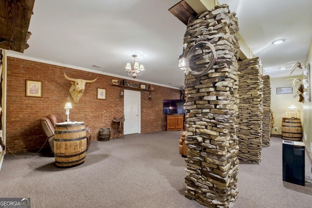 312 Sterling Rd, Jasper, GA 30143 - unfurnished living room featuring carpet, a chandelier, and ornamental molding