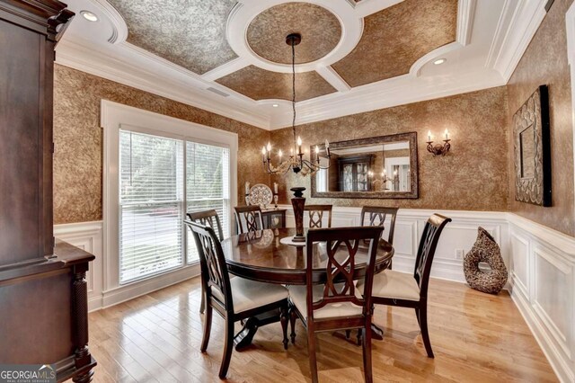 3085 Saint Andrews Dr, Duluth, GA 30096 - dining room featuring crown molding, light wood-style flooring, coffered ceiling, a decorative wall, and a wainscoted wall