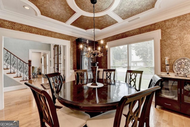 3085 Saint Andrews Dr, Duluth, GA 30096 - dining space with ornamental molding, light wood finished floors, stairway, coffered ceiling, and french doors