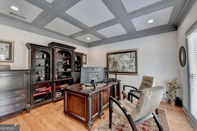 3085 Saint Andrews Dr, Duluth, GA 30096 - office featuring coffered ceiling, light wood-style flooring, crown molding, beam ceiling, and recessed lighting