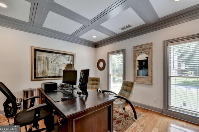 3085 Saint Andrews Dr, Duluth, GA 30096 - office space with coffered ceiling, ornamental molding, light wood-type flooring, baseboards, and recessed lighting