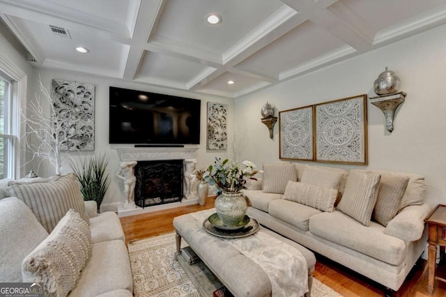 3085 Saint Andrews Dr, Duluth, GA 30096 - living area with wood finished floors, coffered ceiling, beamed ceiling, a premium fireplace, and recessed lighting