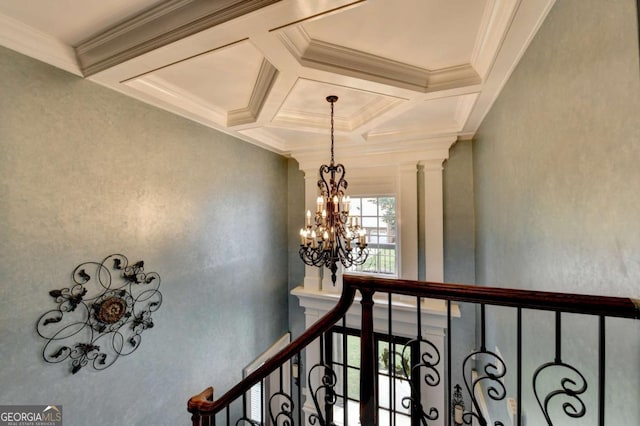 3085 Saint Andrews Dr, Duluth, GA 30096 - stairway featuring a chandelier, coffered ceiling, crown molding, and beam ceiling