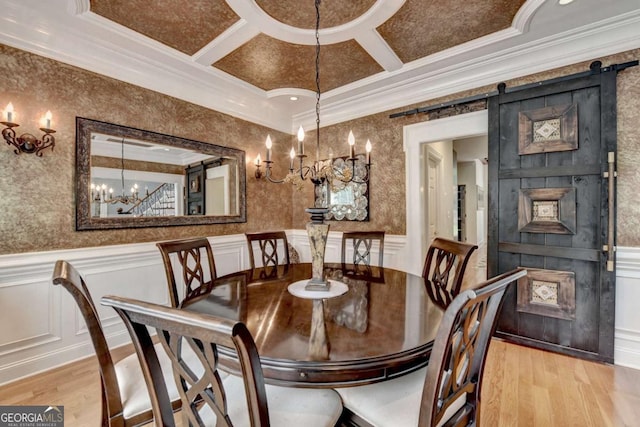 3085 Saint Andrews Dr, Duluth, GA 30096 - dining space featuring ornamental molding, a chandelier, coffered ceiling, wood finished floors, and a decorative wall