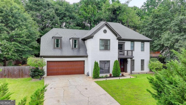 3085 Saint Andrews Dr, Duluth, GA 30096 - view of front facade with driveway, an attached garage, a balcony, brick siding, and a shingled roof