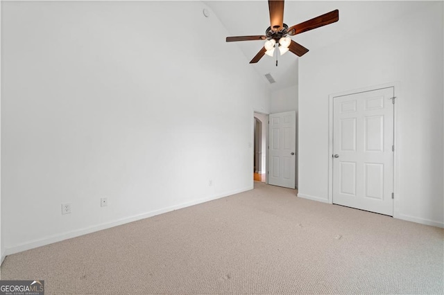 607 Little Shoals Ct, Canton, GA 30115 - unfurnished bedroom with light carpet, high vaulted ceiling, and a ceiling fan