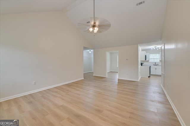 2011 Mims Rd, Hephzibah, GA 30815 - unfurnished living room with a ceiling fan, light wood-style flooring, and high vaulted ceiling