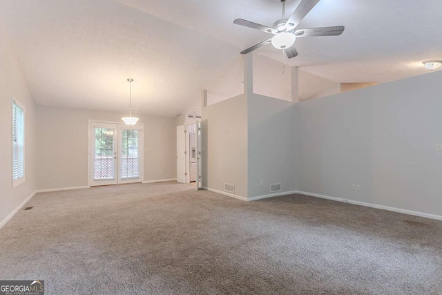 2140 Deer Trl, Suwanee, GA 30024 - empty room featuring carpet, a ceiling fan, lofted ceiling, and baseboards