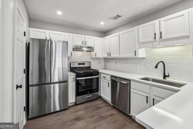 2657 Albion Farm Way, Duluth, GA 30097 - kitchen featuring appliances with stainless steel finishes, under cabinet range hood, white cabinetry, a sink, and dark wood-style floors