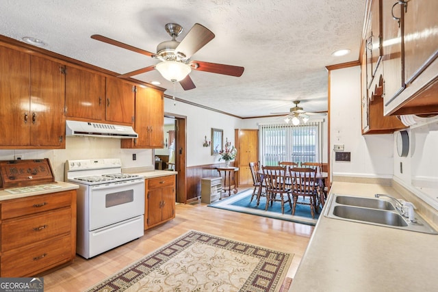 289 Hilton St, Monticello, GA 31064 - kitchen with white range with gas stovetop, under cabinet range hood, a textured ceiling, a sink, and a ceiling fan