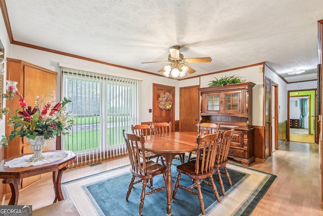 289 Hilton St, Monticello, GA 31064 - dining area featuring a ceiling fan, a textured ceiling, crown molding, light wood-style flooring, and a wainscoted wall