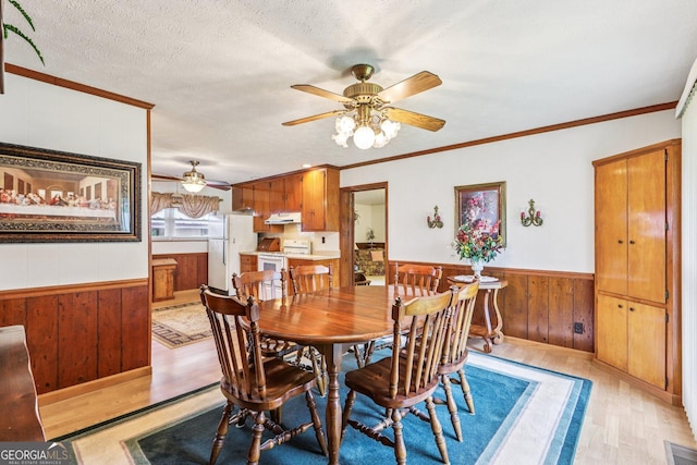 289 Hilton St, Monticello, GA 31064 - dining area featuring light wood-style floors, wooden walls, a ceiling fan, crown molding, and wainscoting