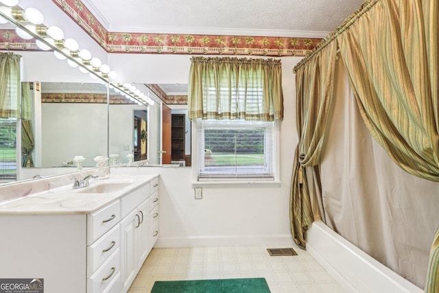289 Hilton St, Monticello, GA 31064 - bathroom with vanity, tile patterned floors, shower / bathtub combination with curtain, and a textured ceiling
