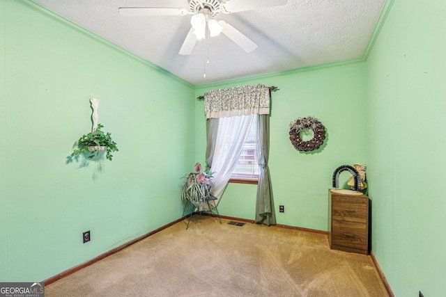 289 Hilton St, Monticello, GA 31064 - carpeted empty room with crown molding, a textured ceiling, baseboards, and ceiling fan