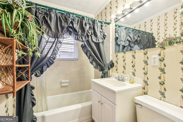 289 Hilton St, Monticello, GA 31064 - full bathroom with ornamental molding, shower / bath combination with curtain, toilet, and vanity