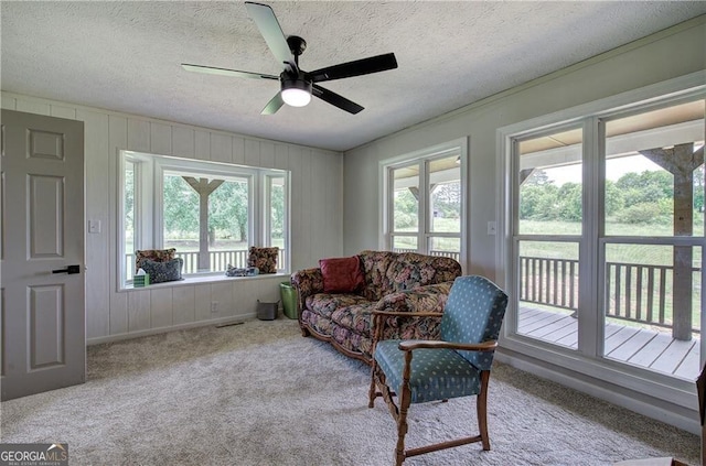 141 Holcomb Spur NW, Adairsville, GA 30103 - carpeted living room with ceiling fan, a textured ceiling, and wooden walls