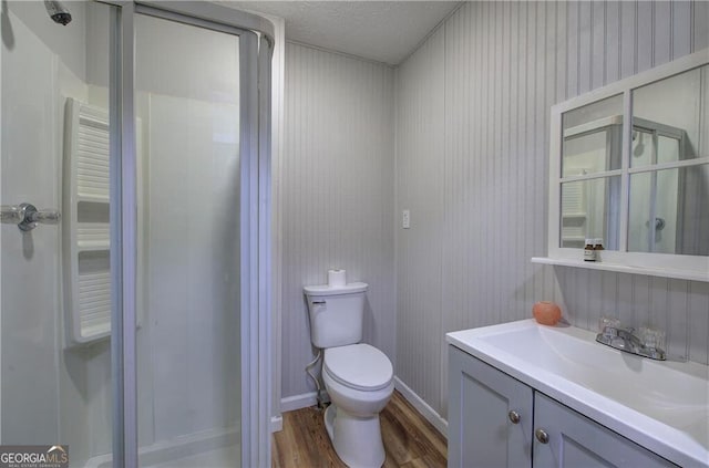 141 Holcomb Spur NW, Adairsville, GA 30103 - bathroom featuring wood finished floors, a stall shower, vanity, and a textured ceiling