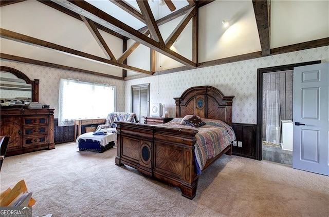 141 Holcomb Spur NW, Adairsville, GA 30103 - carpeted bedroom with wallpapered walls, beam ceiling, high vaulted ceiling, and wainscoting