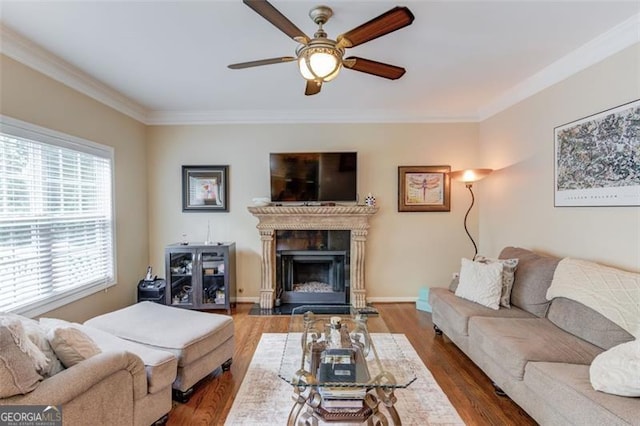 262 Sandhurst Ct, Suwanee, GA 30024 - living area with healthy amount of natural light, ornamental molding, a ceiling fan, wood finished floors, and a fireplace with raised hearth
