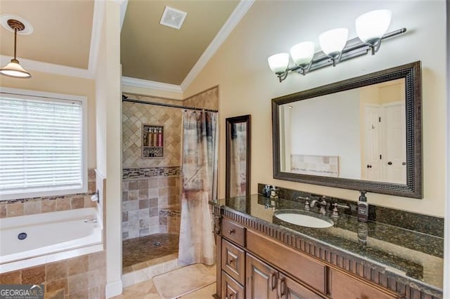 262 Sandhurst Ct, Suwanee, GA 30024 - bathroom with crown molding, tiled shower, a garden tub, vanity, and lofted ceiling