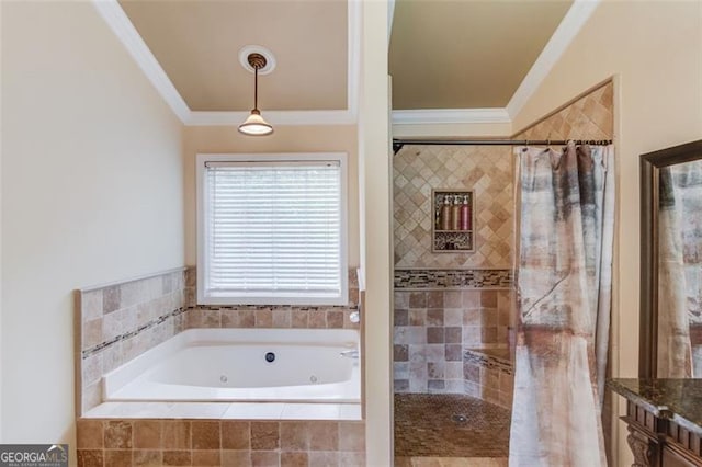 262 Sandhurst Ct, Suwanee, GA 30024 - bathroom with crown molding, a whirlpool tub, tiled shower, and vanity