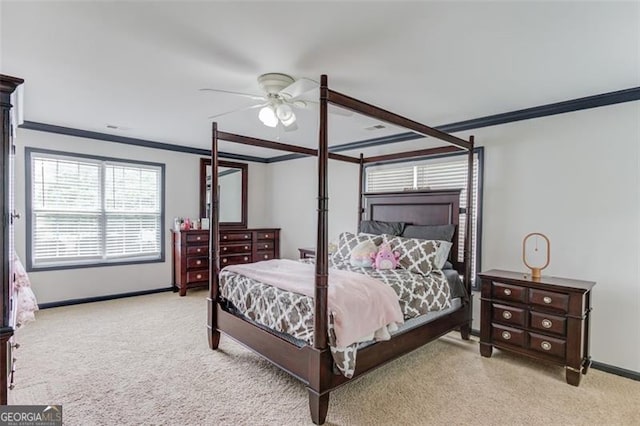 262 Sandhurst Ct, Suwanee, GA 30024 - bedroom featuring ornamental molding, light colored carpet, baseboards, and a ceiling fan