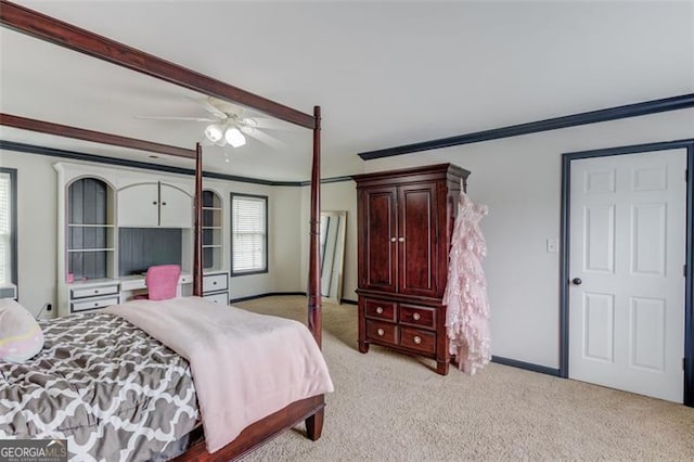 262 Sandhurst Ct, Suwanee, GA 30024 - bedroom featuring crown molding, light colored carpet, baseboards, and ceiling fan