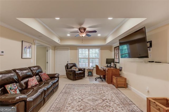 262 Sandhurst Ct, Suwanee, GA 30024 - carpeted living area featuring a desk, ceiling fan, a raised ceiling, ornamental molding, and recessed lighting