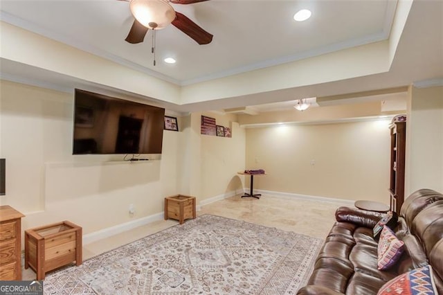 262 Sandhurst Ct, Suwanee, GA 30024 - living area featuring a ceiling fan, crown molding, recessed lighting, baseboards, and a raised ceiling