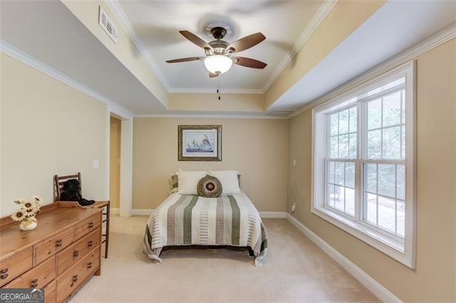 262 Sandhurst Ct, Suwanee, GA 30024 - bedroom featuring a raised ceiling, light colored carpet, crown molding, a ceiling fan, and baseboards