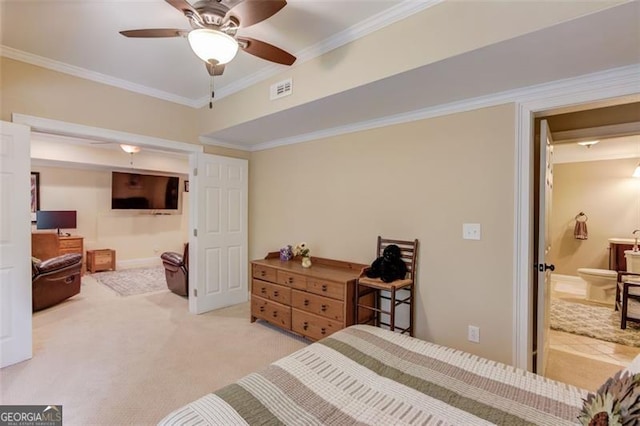 262 Sandhurst Ct, Suwanee, GA 30024 - bedroom featuring light colored carpet, ornamental molding, and a ceiling fan
