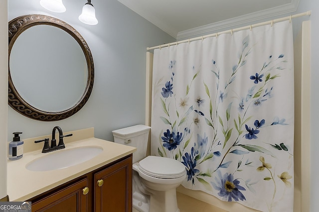 262 Sandhurst Ct, Suwanee, GA 30024 - bathroom featuring toilet, vanity, ornamental molding, and a shower with curtain