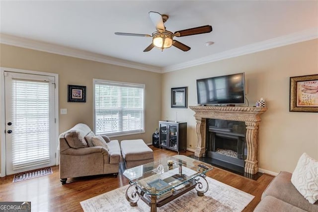262 Sandhurst Ct, Suwanee, GA 30024 - living room with ceiling fan, ornamental molding, wood finished floors, and a fireplace with flush hearth