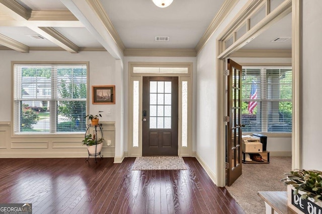 2525 Well Springs Dr, Buford, GA 30519 - entryway with dark wood-type flooring, healthy amount of natural light, ornamental molding, and beam ceiling