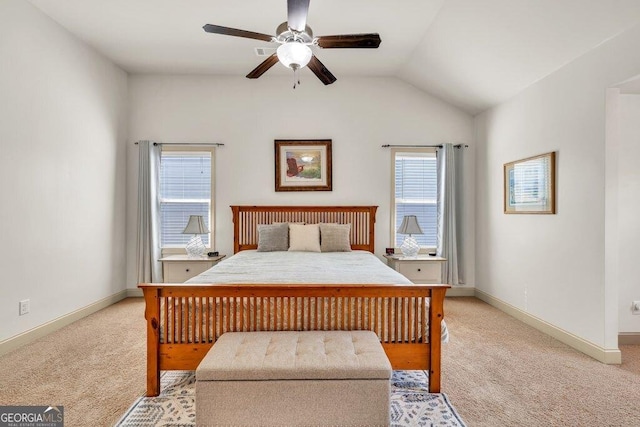 2525 Well Springs Dr, Buford, GA 30519 - bedroom with light carpet, vaulted ceiling, and ceiling fan