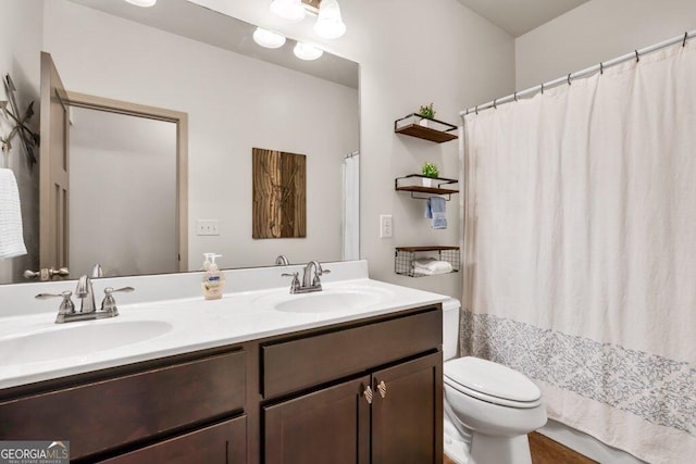 2525 Well Springs Dr, Buford, GA 30519 - bathroom with double vanity and curtained shower