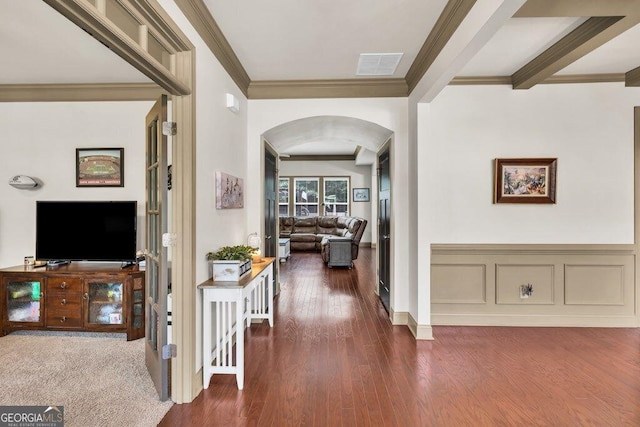 2525 Well Springs Dr, Buford, GA 30519 - corridor with arched walkways, crown molding, and dark wood-style floors
