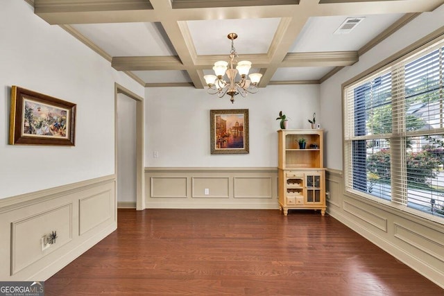 2525 Well Springs Dr, Buford, GA 30519 - dining room featuring a chandelier, beamed ceiling, coffered ceiling, dark wood-type flooring, and a wainscoted wall