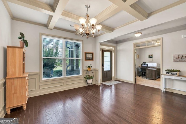 2525 Well Springs Dr, Buford, GA 30519 - entryway featuring a chandelier, hardwood / wood-style flooring, beam ceiling, coffered ceiling, and a wainscoted wall