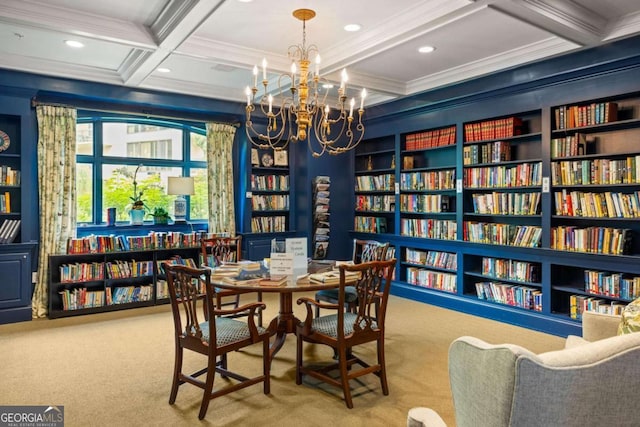 1800 Clairmont Lk Unit 216, Decatur, GA 30033 - carpeted dining room with ornamental molding, a chandelier, beam ceiling, coffered ceiling, and built in features