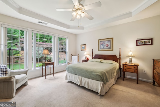 5105 Kings Common Way, Cumming, GA 30040 - bedroom featuring a tray ceiling, ornamental molding, carpet floors, baseboards, and ceiling fan