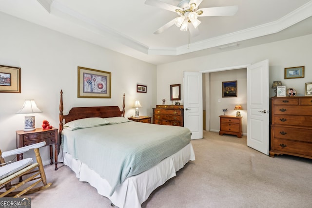 5105 Kings Common Way, Cumming, GA 30040 - bedroom featuring light carpet, a raised ceiling, ornamental molding, and a ceiling fan