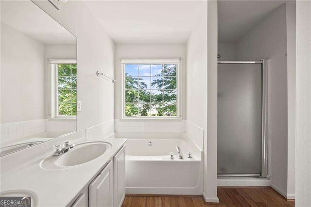 2890 Winterhaven Ct, Atlanta, GA 30360 - full bathroom with a shower stall, wood finished floors, a bath, double vanity, and plenty of natural light
