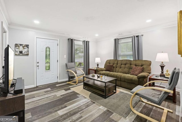 2860 Jefferson St, Austell, GA 30106 - living room featuring wood finished floors, healthy amount of natural light, ornamental molding, and recessed lighting