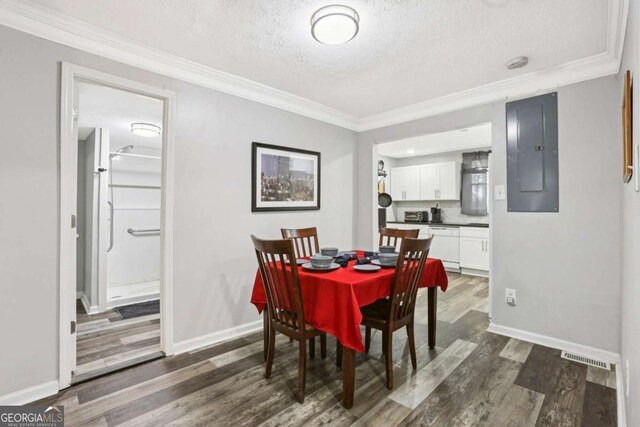 2860 Jefferson St, Austell, GA 30106 - dining room featuring electric panel, a textured ceiling, dark wood-style floors, and crown molding