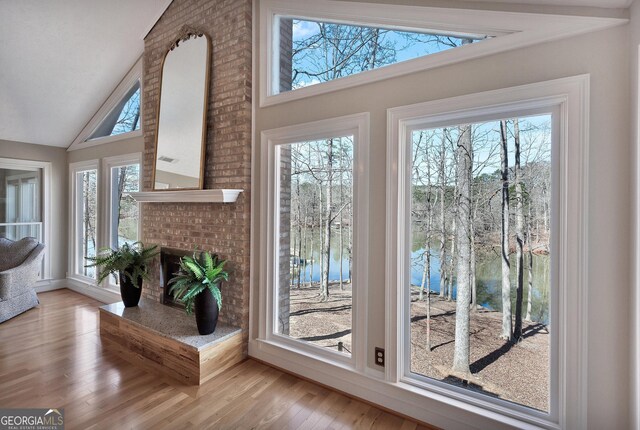 201 Hickory Hill Ln, Martin, GA 30557 - entryway with a water view, wood finished floors, and vaulted ceiling