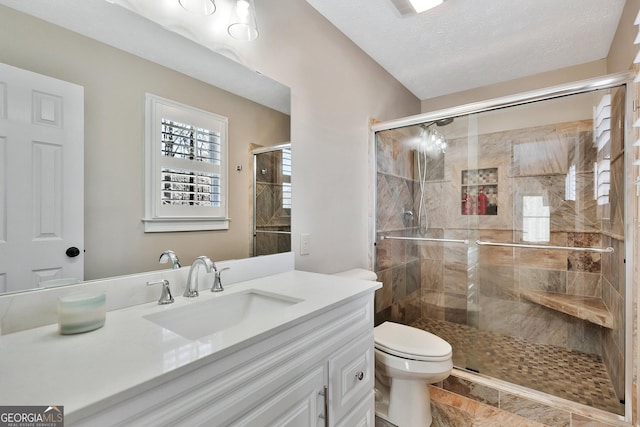 201 Hickory Hill Ln, Martin, GA 30557 - bathroom with vanity, toilet, a stall shower, and a textured ceiling