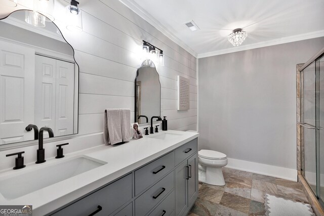 201 Hickory Hill Ln, Martin, GA 30557 - bathroom with double vanity, a stall shower, toilet, ornamental molding, and stone finish flooring