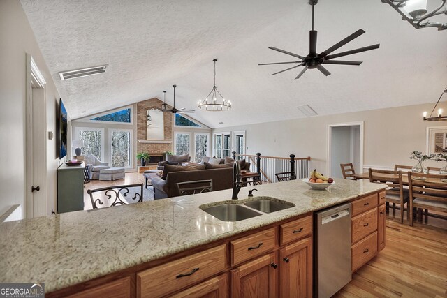 201 Hickory Hill Ln, Martin, GA 30557 - kitchen featuring dishwasher, a chandelier, a ceiling fan, light wood finished floors, and vaulted ceiling